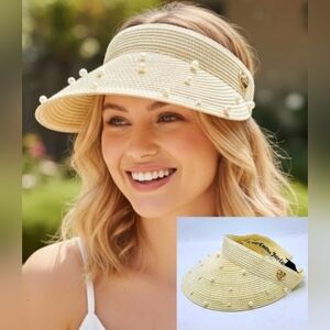 Juicy Couture Straw Sun Visor Hat With Pearls Accents And Gold Heart Logo In Tan